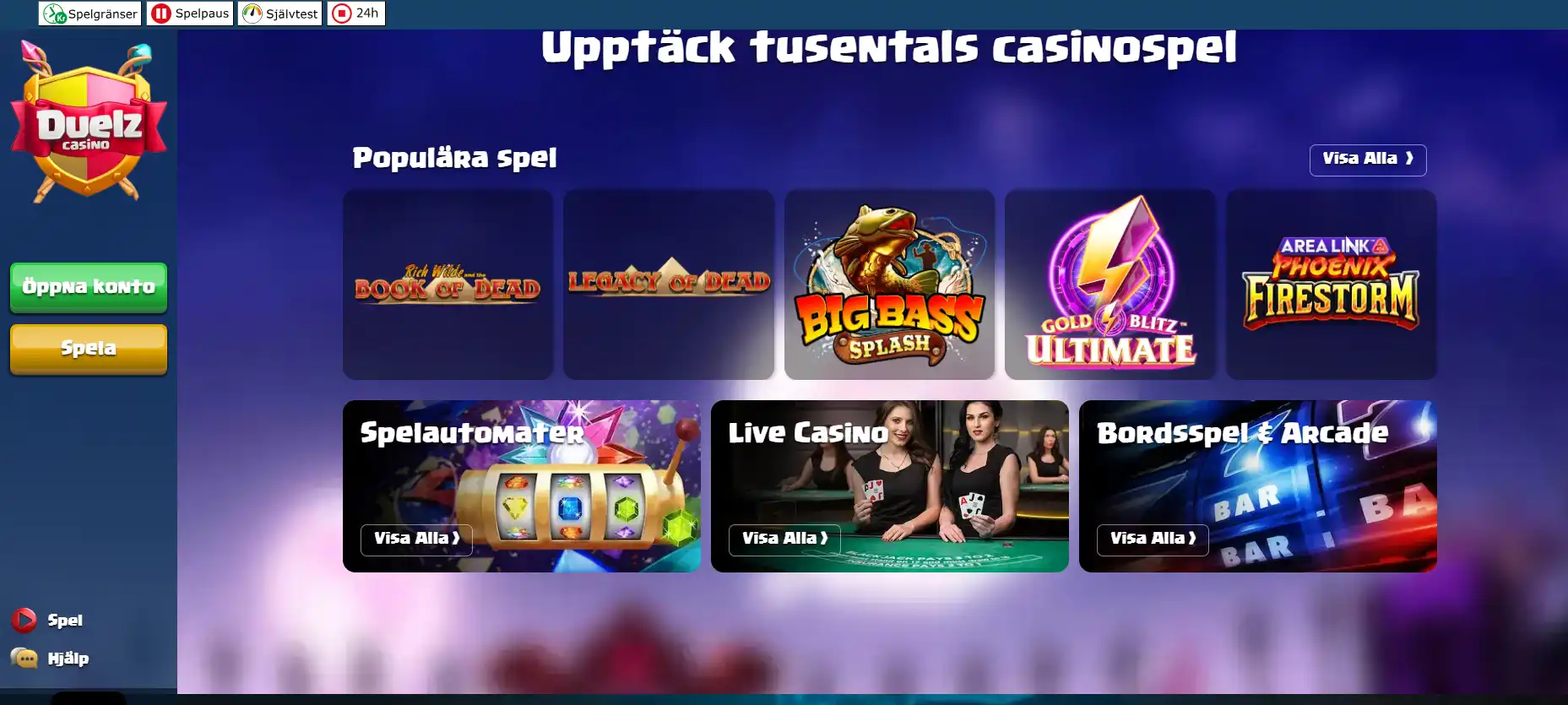Spelkategorier och spelkort i Duelz svenska spelkatalog