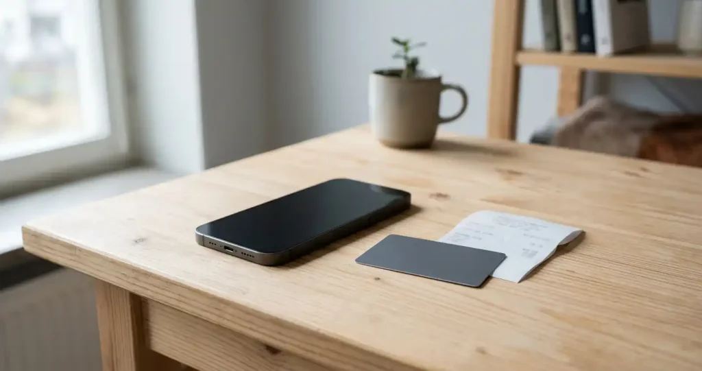 Mobiltelefon och bankkortssiluett på ett ljust skrivbord