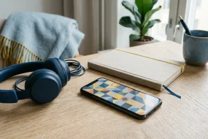Smartphone bredvid anteckningsbok och hörlurar på ett ljust bord