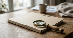 Dokumentmapp och förstoringsglas på ett ljust skrivbord i nordisk miljö